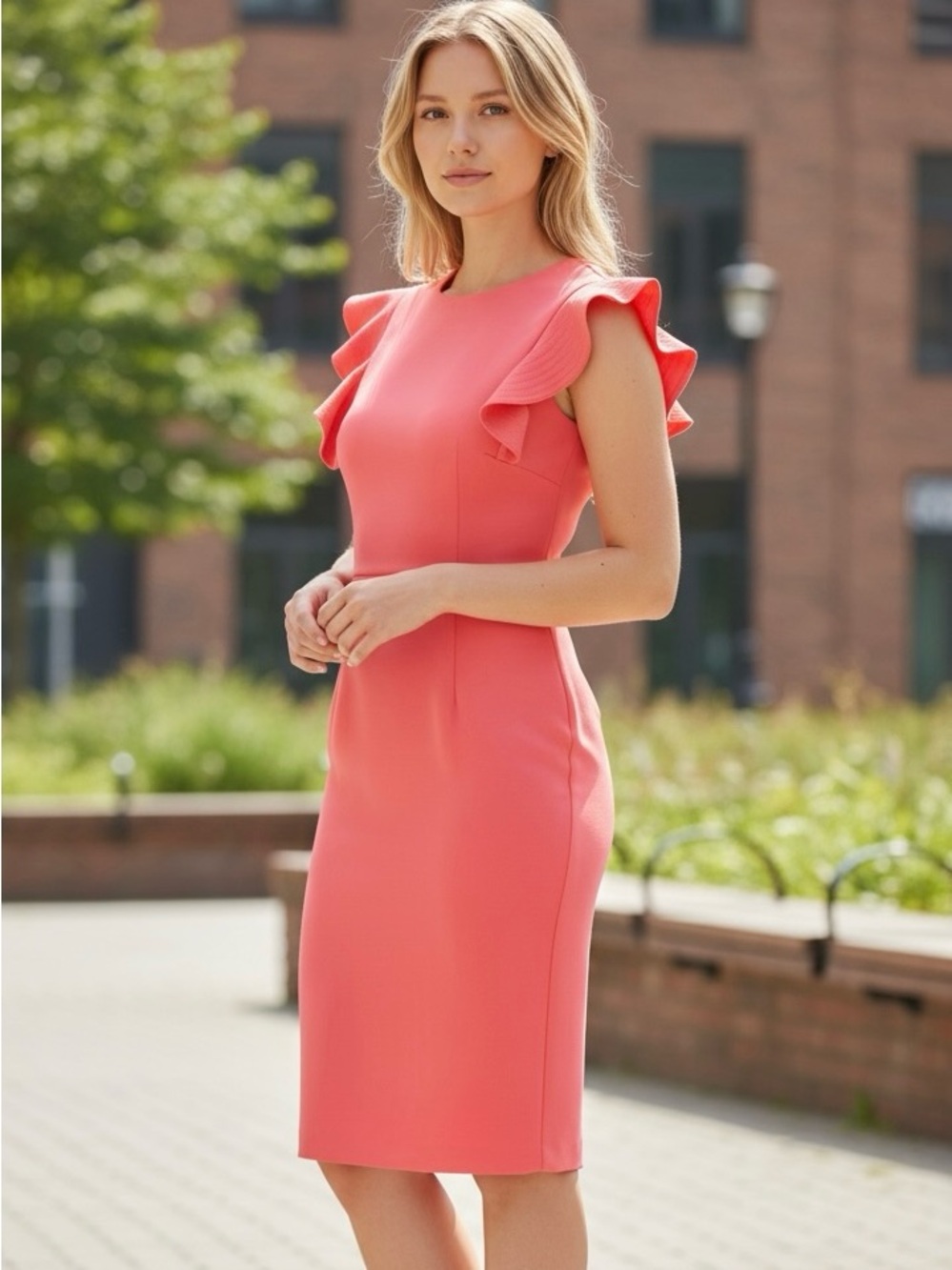 Calvin Klein Coral Ruffle-Sleeve Midi Dress